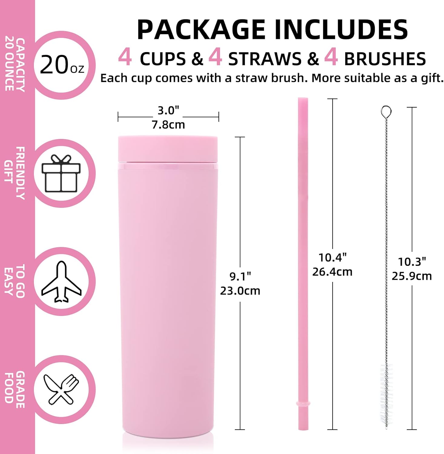 Volhoply 20oz Plastic Skinny Tumblers Bulk 10 Pack,Double Wall Tumbler with Lid and Straw,BPA Free Matte Acrylic Iced Coffee Cups With Straw,Reusable Travel Cute Mug for Party,DIY Gift(Pink, 10 Set) - Image 3