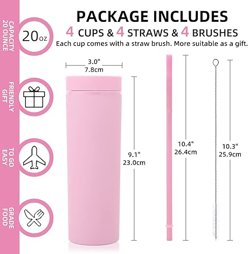Miniatura 3 de Volhoply Vasos delgados de plástico de 20 onzas, paquete de 4 unidades, vaso de doble pared con tapa y popote, taza de café helado de viaje