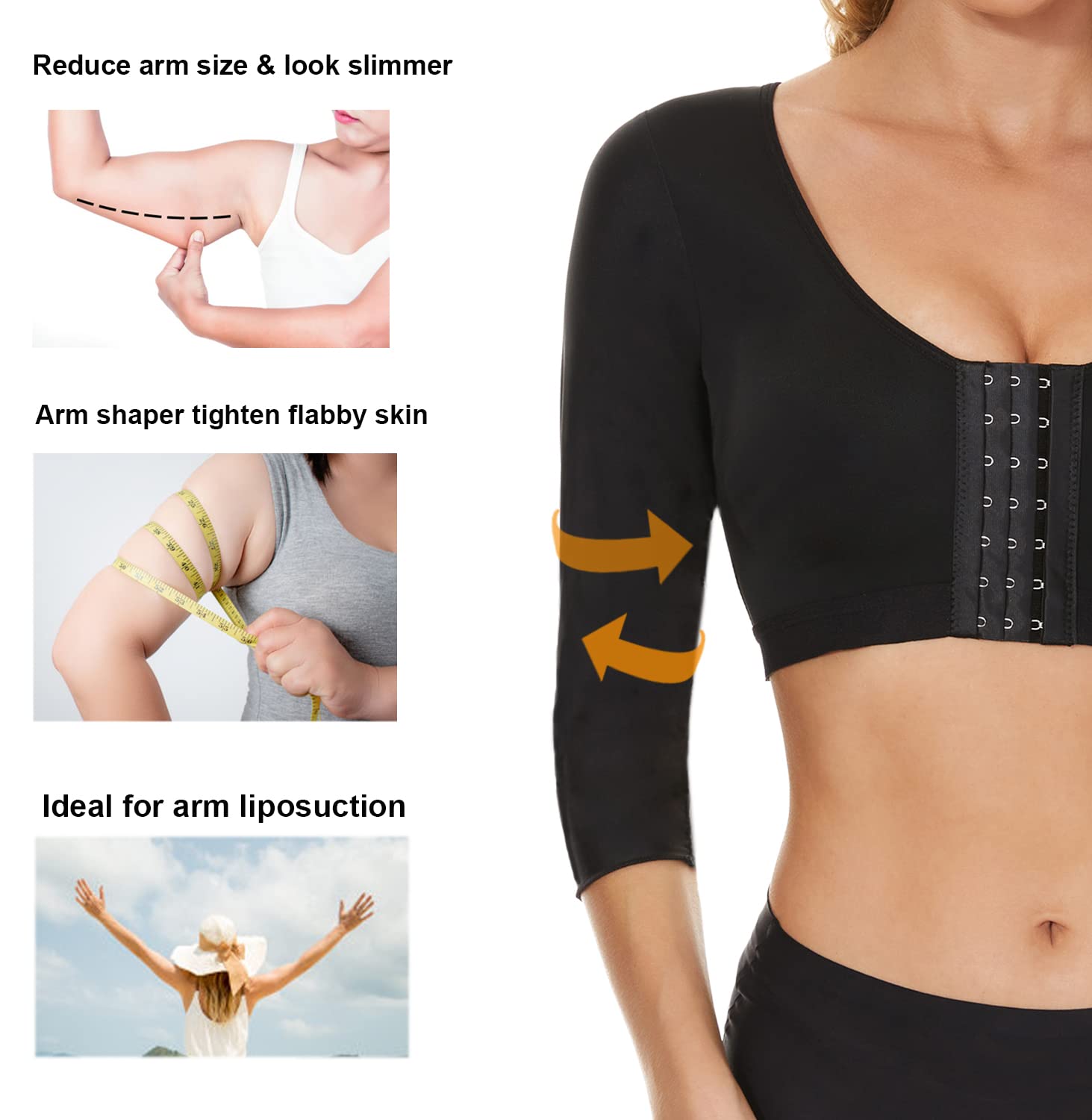 Tops moldeadores de brazos para mujer, mangas de compresión de brazo, postoperatoria, cierre frontal, brasier moldeador, corrector de postura, camiseta sin mangas