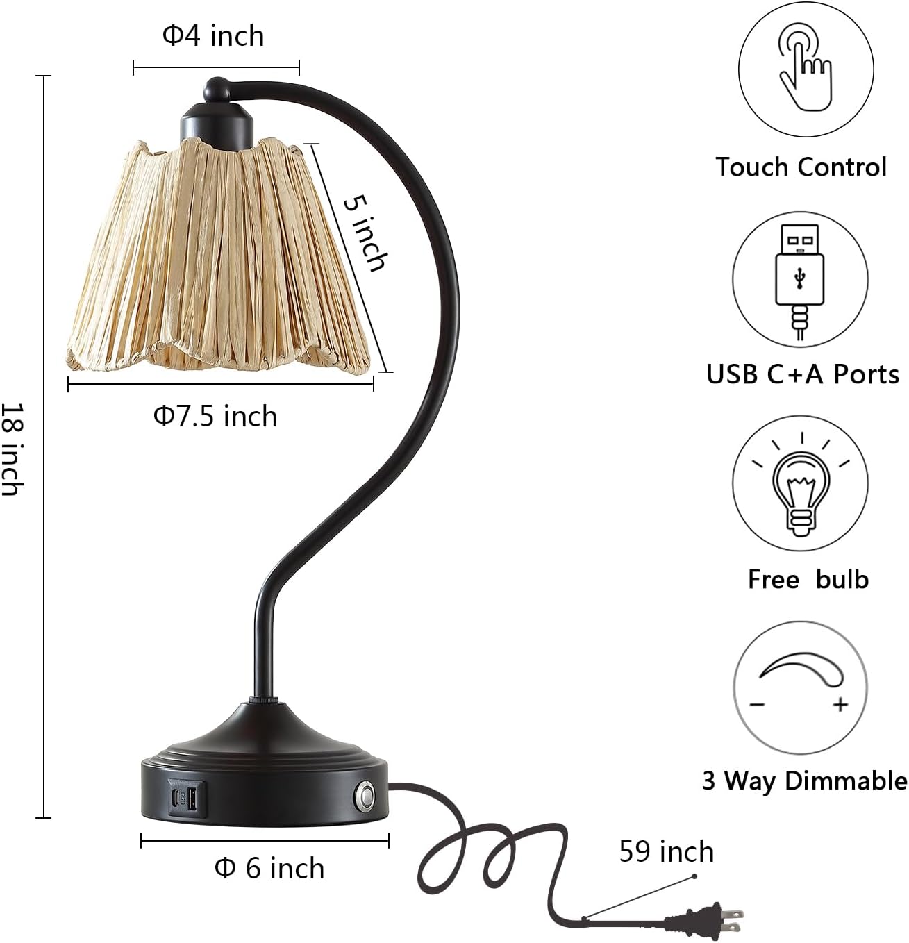 Set of 2 Vintage Small Touch Table Lamps with USB A+C Ports image 3