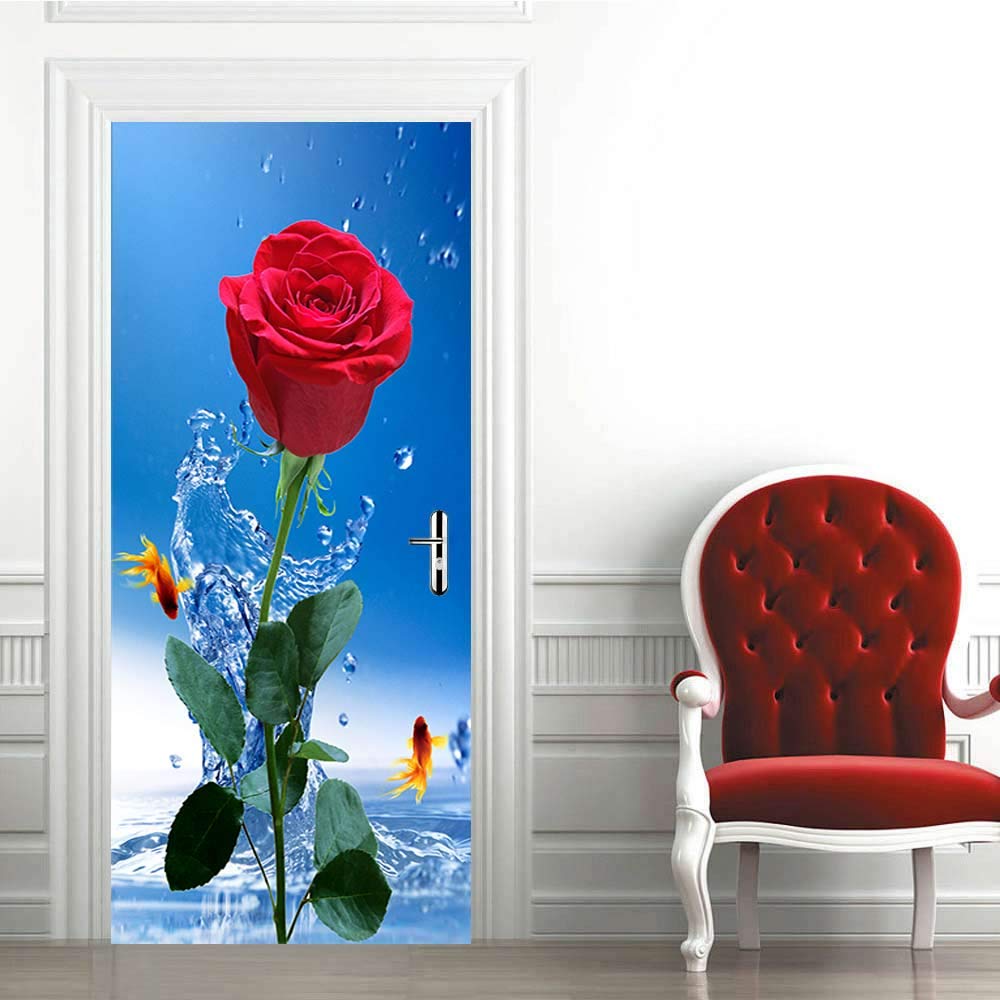 Autocollants PVC imperméable trompe l'oeil 3D déco fleurs roses porte 63x205 cm