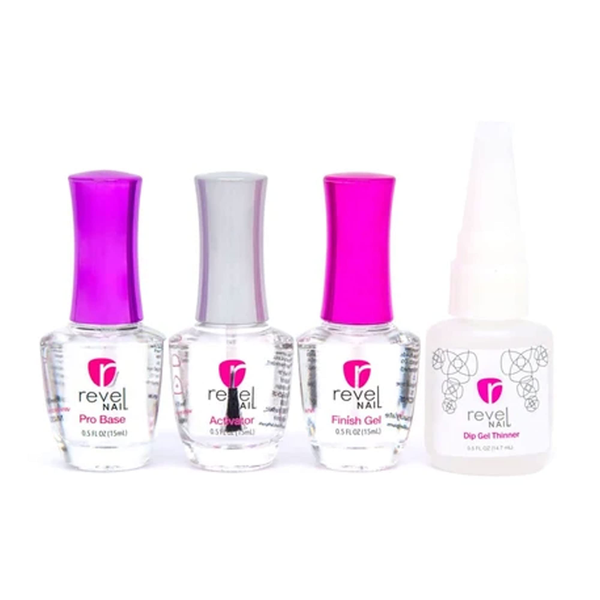 Revel Nail Dip Powder Liquid Set - Dip Powder Base Coat, Activator, Finish Gel & Gel Thinner, Dip Liquid Set, DIY Nail Kit