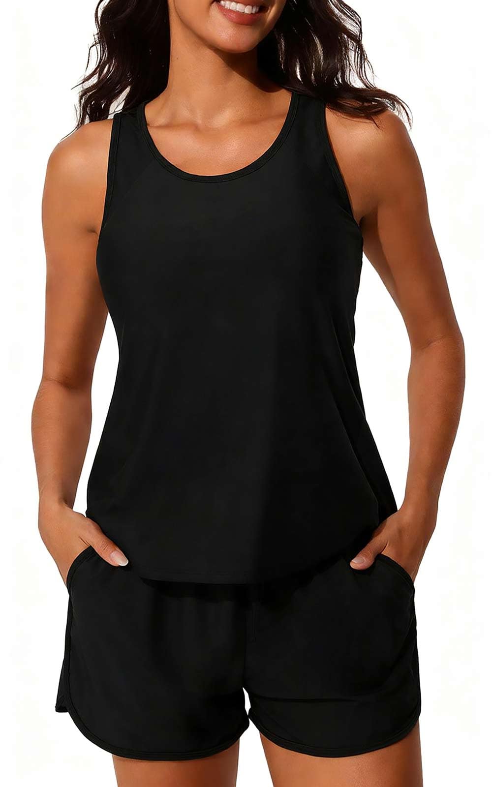 CheChury Tankini de Bain 2 Pièces pour Femme Maillot de Bain Sportif Imprimé Floral Débardeur et Short à Poches Modeste Tankini Été Plage Piscine Croisière