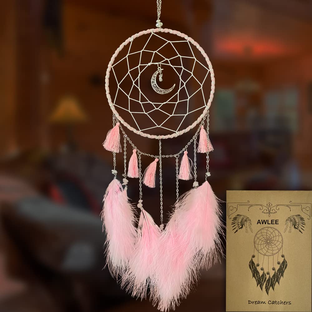 AWLEEDream Catcher Handmade Pink Feather Native American Circular Net for Boys Bedroom Wall Hanging Dream Catcher for Girls Kids Nursery Bedroom Decoration Blessing Gift (Pink)