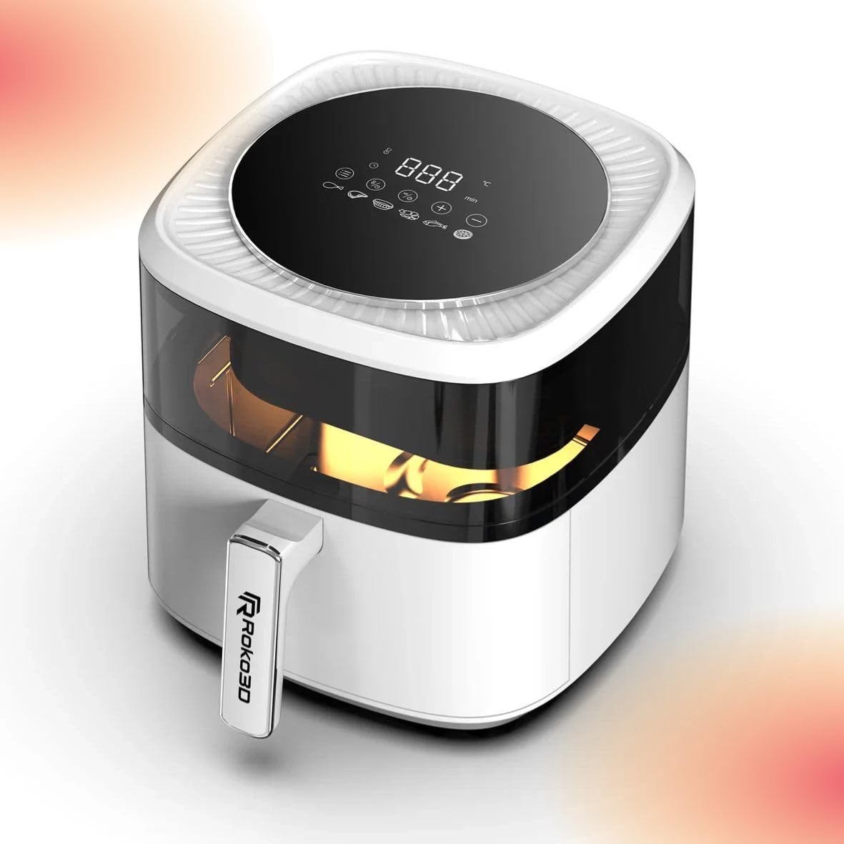 Air Fryer ROKO 3D, 6 Cooking Programs with 6L Capacity | LED Control Panel, Timer & Temperature Settings, Dishwasher Safe, Nonstick Basket, Easy to Clean, Bonus Recipe Book Included, Luxury Design