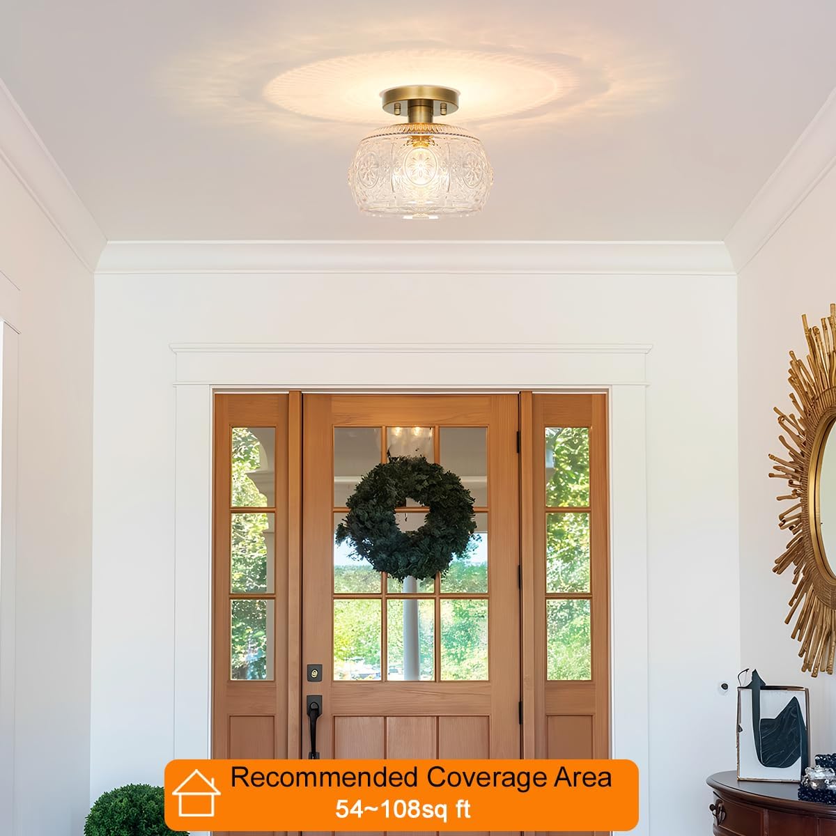 Gold Semi-Flush Mount Ceiling Light with Globe Glass – Vintage Ceiling Lighting for Hallway, Kitchen, Entryway, Bathroom & Closet, Glass Hallway Lighting Fixture