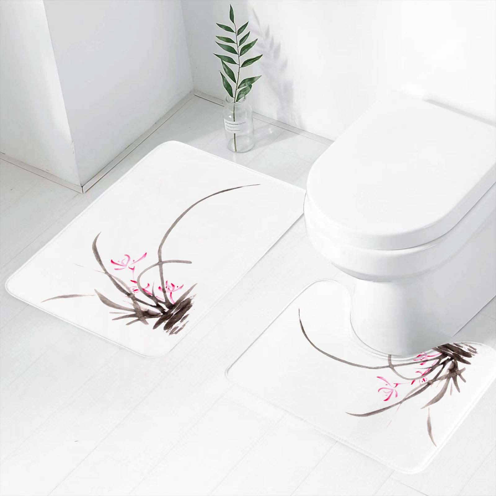 Set di 2 tappetini da Bagno, Lavabili in Lavatrice e Antiscivolo, in Morbida Fibra Superfine, con Decorazione a Tema Orientale Cinese con Disegno Tradizionale di Orchidea.