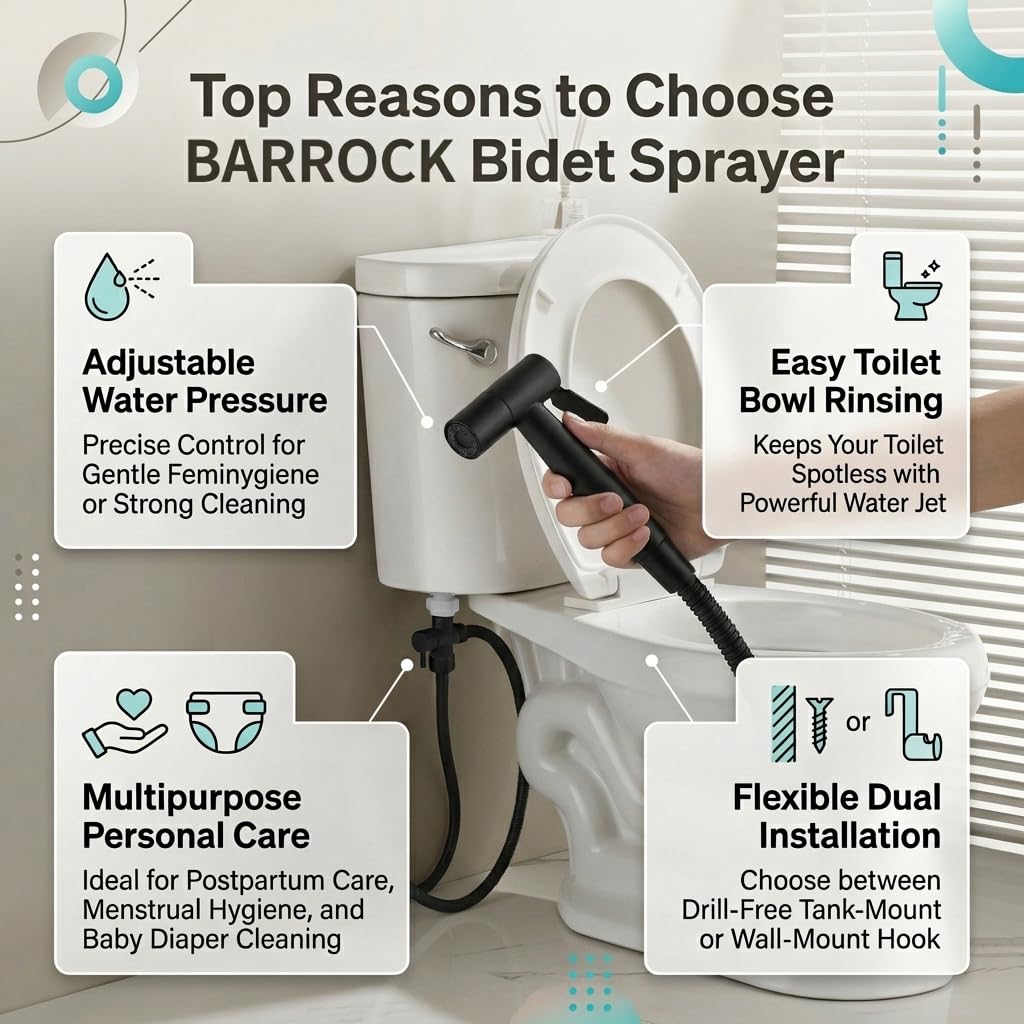BARROCK - Rociador de bidé de mano para inodoro, de acero inoxidable, kit para limpiar pañales de tela, set de bidé para baño, limpieza de mascotas e higiene íntima, negro mate