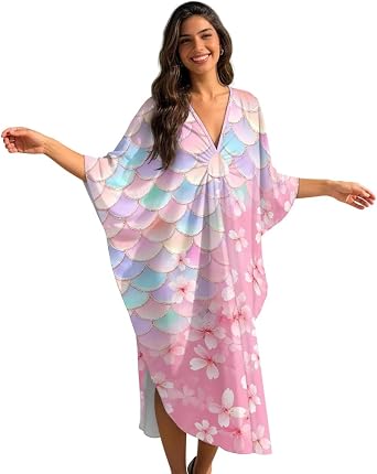 Kaftan Dresses for Women Plus Size V Neck Caftan Maxi Batwing Sleeve Swimsuit Cover Up Beach Swimwear
