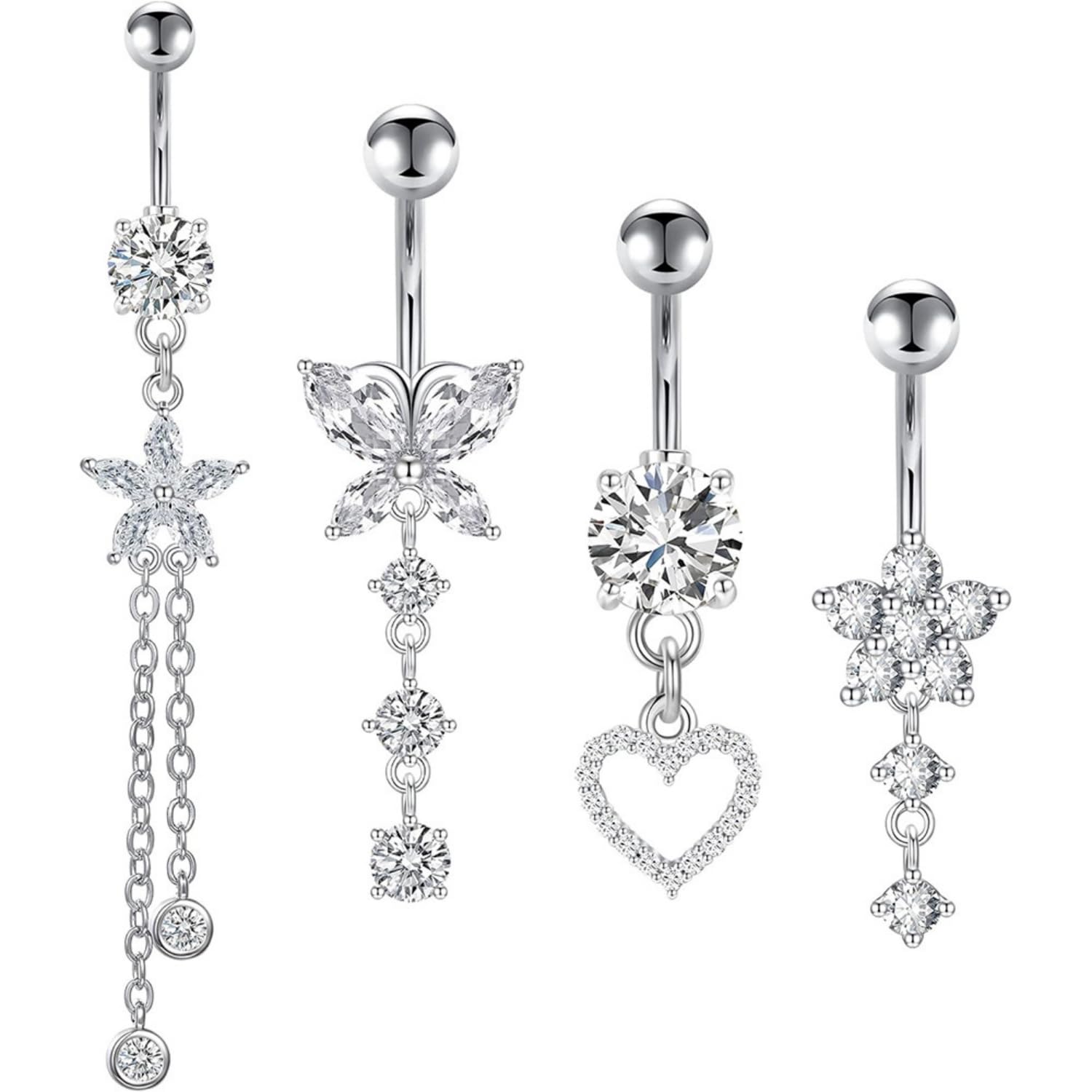 Piercing Ombligo para Mujer, 4 Piezas Anillos para el Ombligo 14G Chapado Barras de Vientre Piercing Ombligo Acero para Mujeres Niñas