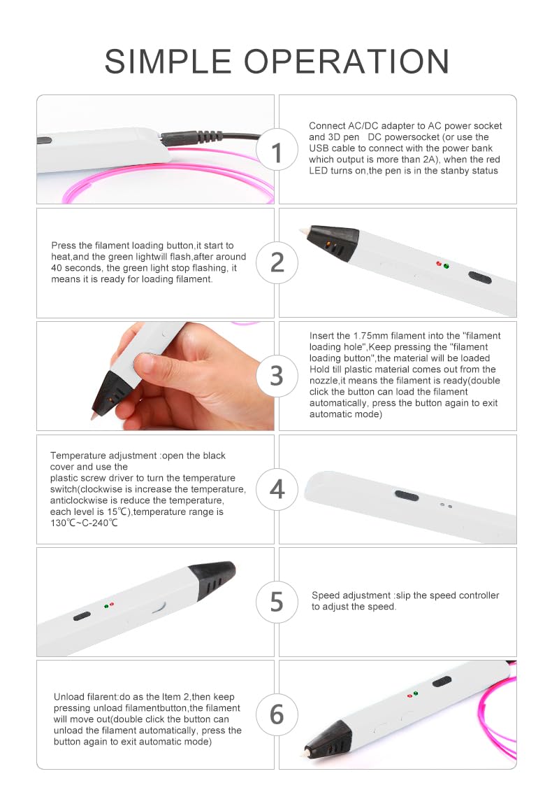 Artnova 3D-Stift mit 10 PLA-Farbfilamenten (30 m) – 3D-Druckerstift mit präziser Steuerung, EU-Adapter, Einstellwerkzeug, kreatives Geschenk.