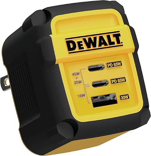 DEWALT Cargador GaN de 65 W - Cargador USB C de 65 vatios para el lugar de trabajo - Cargador de pared GaN duradero de 3 puertos - USB A y tipo C