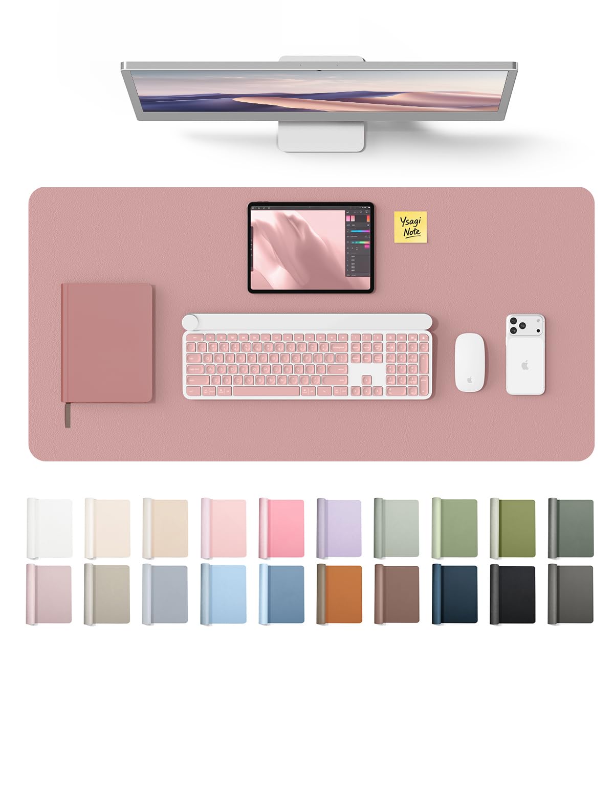 YSAGi Leather Desk Protector, Office Mat, Large Mouse Mat, Non-Slip PU Leather Blotter, Laptop Desk, Waterproof Writing Pad for Office and Home (Pale Mauve, 35.4" x 17") Pale Mauve 35.4" x 17"