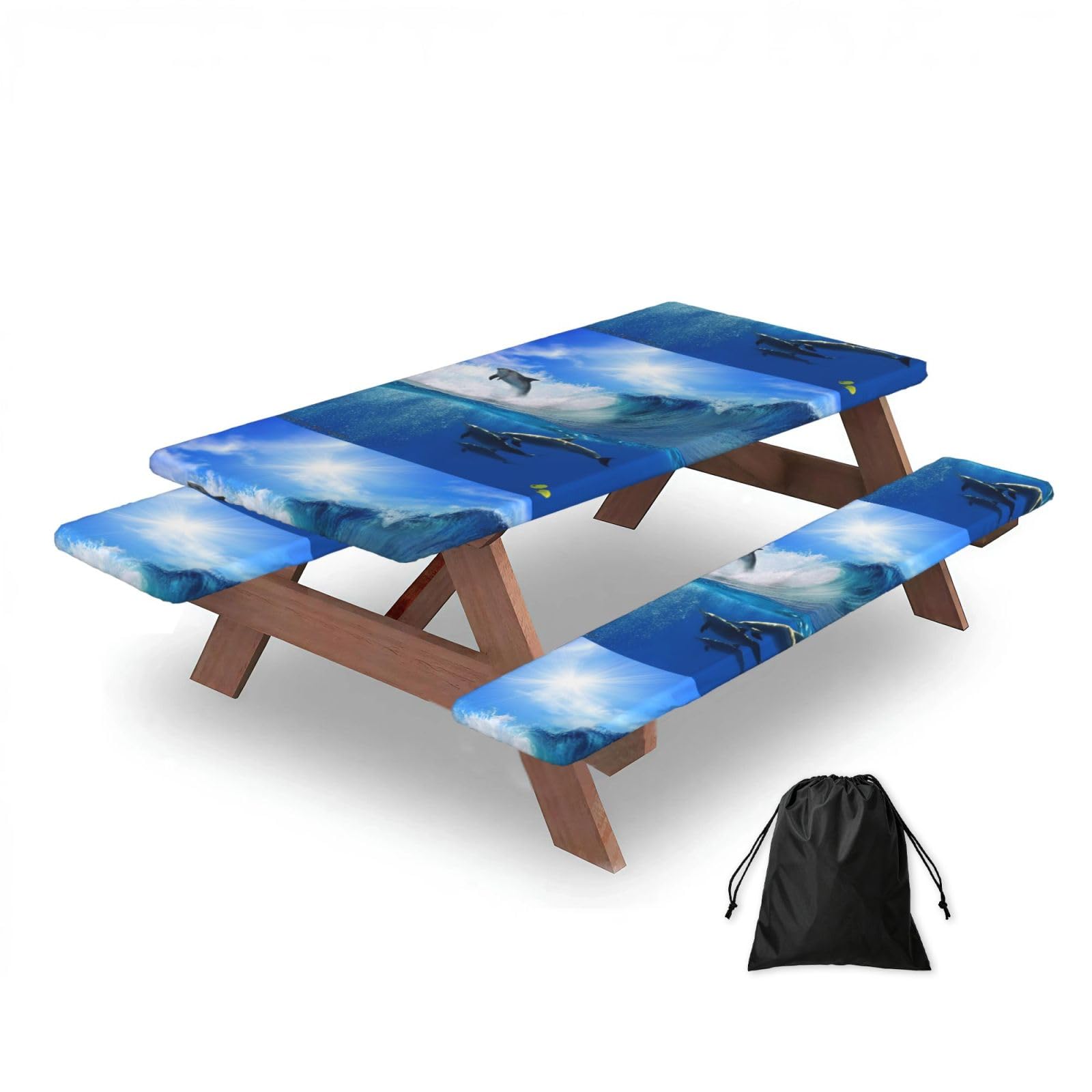 Dopklna As Picture Four Dolphins In The Sea Of Whales, Picnic Table Cover With Bench Covers -Waterproof Elastic Fitted Tablecloth For Garden Camping Patio 76X152cm