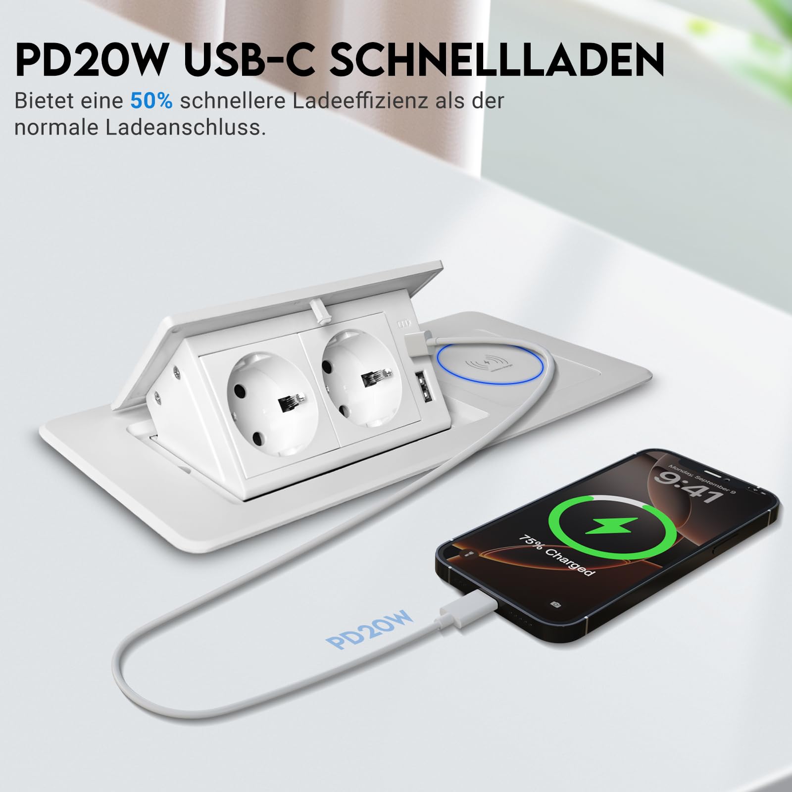 Enchufe retráctil PD20 W USB C y carga inalámbrica de 15 W, 2 enchufes, enchufe de mesa para escritorio, encimera de cocina, color blanco