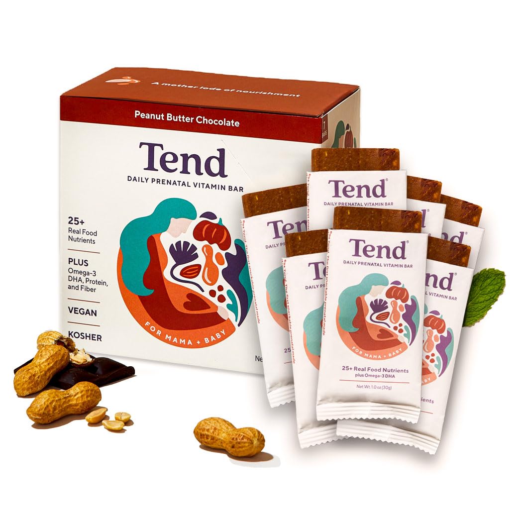 Tend Daily Best Prenatal Vitamin Bar, Made with Organic Ingredients for Pregnant & Postpartum Mothers, Includes DHA, Vitamin D, B, Choline, Folate - Peanut Butter Chocolate (7ct)