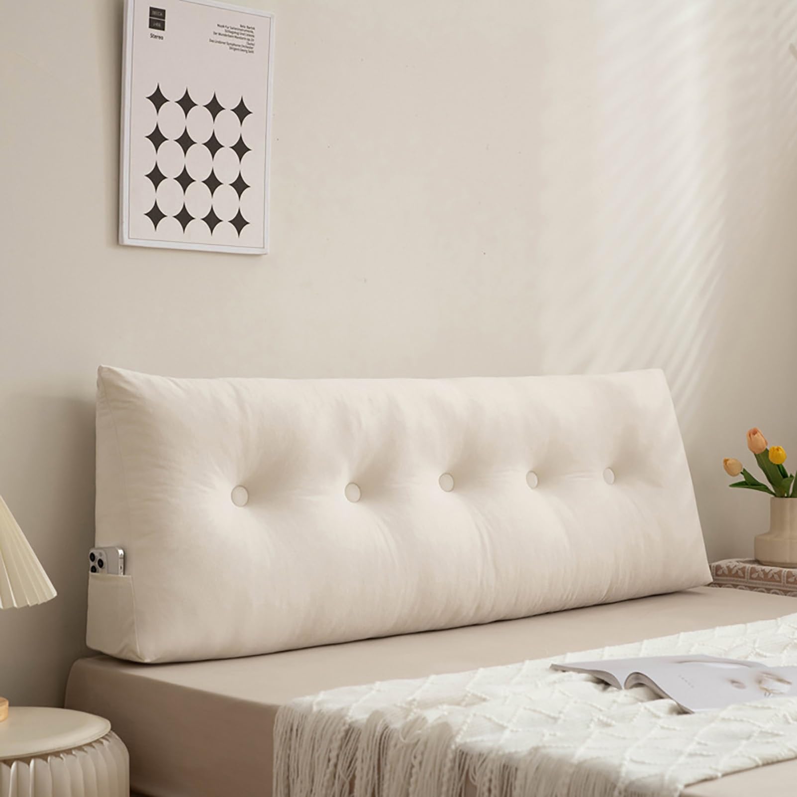 Cuscino da lettura a cuneo, morbido cuscino triangolare con tasche laterali, supporto lombare per sedersi a letto, perfetto per comfort e relax