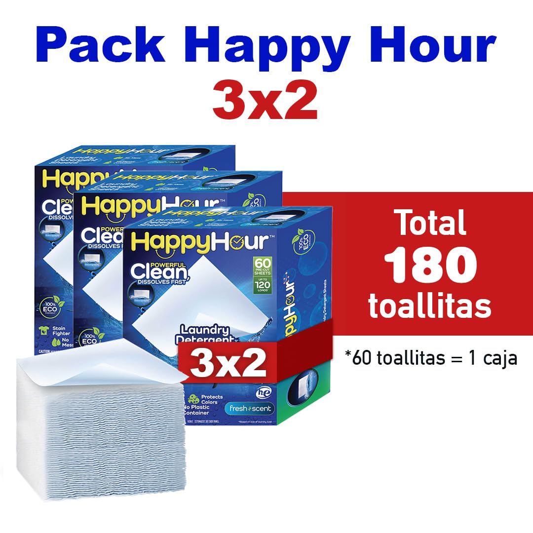 HAPPY HOUR, Tiras Detergente Lavadora (60 lavados carga completa) 100% Ecológico. Fácil de usar, económico. Ideal Viajes. Eficaz contra manchas en agua caliente/fría. Apto pieles sensibles. Pack 3x2