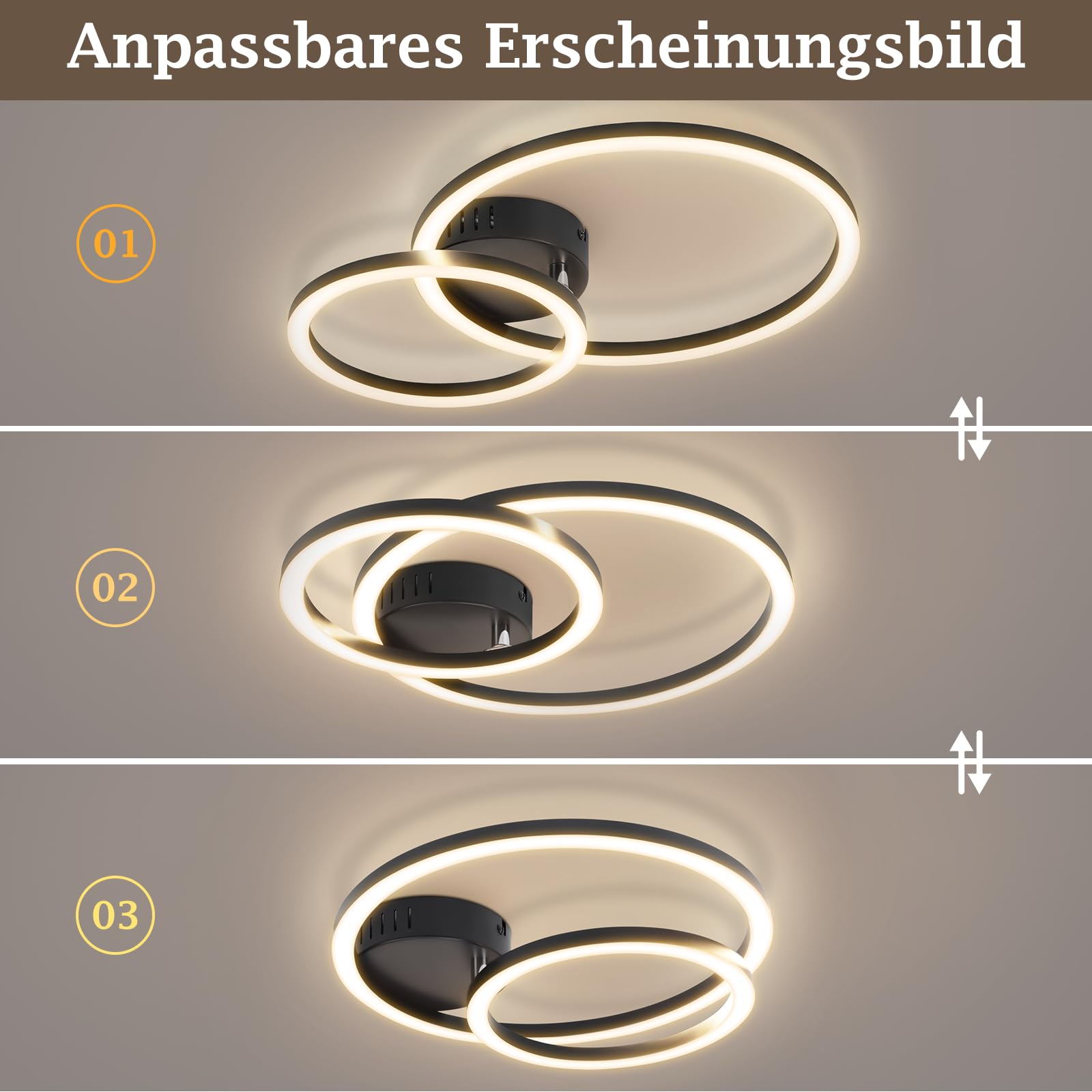 Homefire lampa sufitowa LED, do salonu, 40 cm - 23 W, lampa kuchenna, 3000K, ciepła biel, nowoczesna lampa do salonu, lampa do sypialni, 2-pierścieniowe, design, oświetlenie sufitowe do kuchni