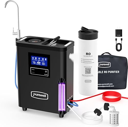 Purewell K8680 RO Sistema purificador de agua, 10 etapas RV portátil de filtración de agua de supervivencia con UV, tasa de desalinización alcanza