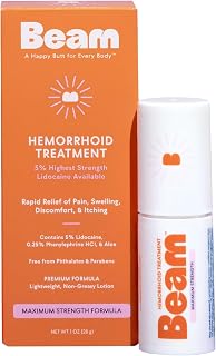 BEAM Maximum Strength Lightweight, Non-Sticky, Non-Greasy Hemorrhoid Cream Lotion, 5% Lidocaine, Phenylephrine HCI, Paraben & Phthalate Free, Fast Relief of Pain, Swelling, Itching & Discomfort, 1oz