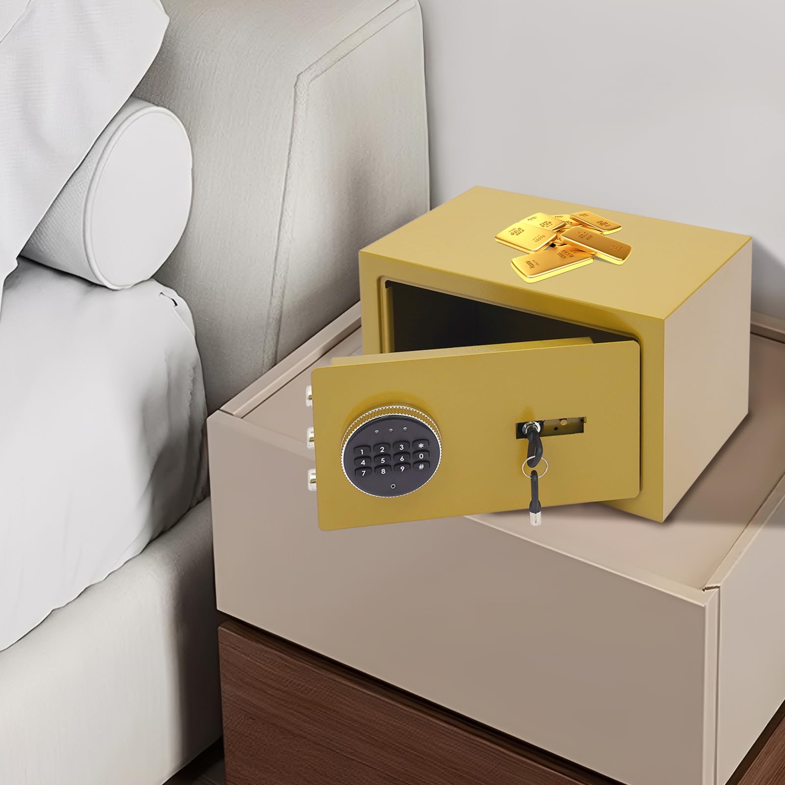 Cassaforte Elettronico Digitale, Cassaforte in Acciaio, Serratura Digitale e 2 Chiavi, Allarme Intelligente, Parete e Posabile per Gioielli, Argento e Documenti (Oro)