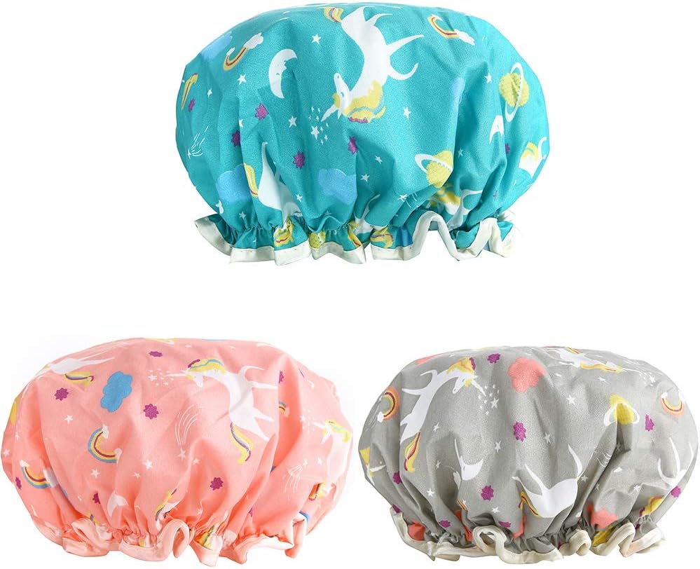 AIPAOShower Caps, 3 PACK Bath Cap for Women Waterproof & Adjustable Double Layered Shower Cap (Multi-colored6)
