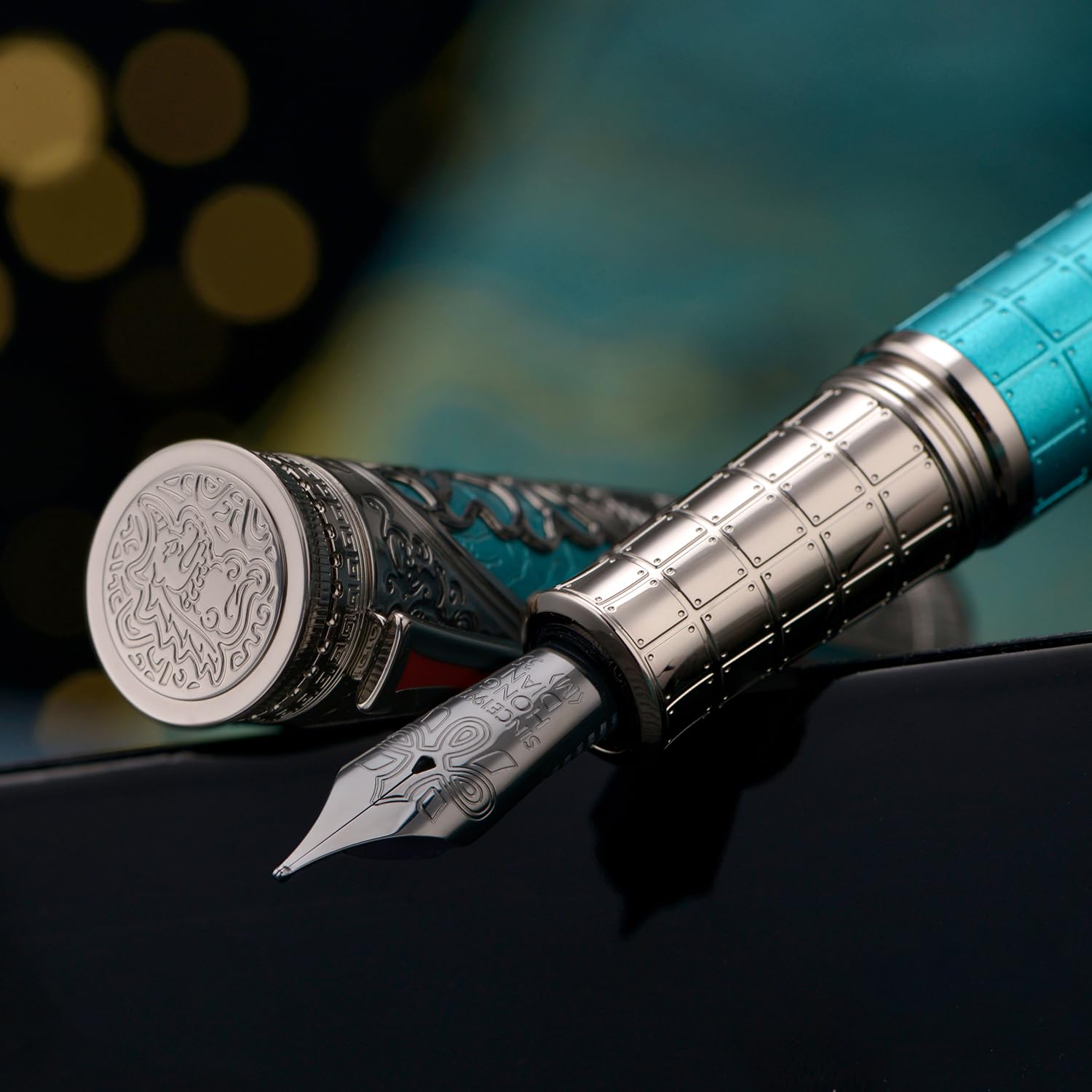 Hongdian D5X Fountain Pen Turquoise Color Medium Nib, Qin Dynasty Retro Chinese Totem Engraving Smooth Writing Pen with Converter and Pen Box Set - Image 4