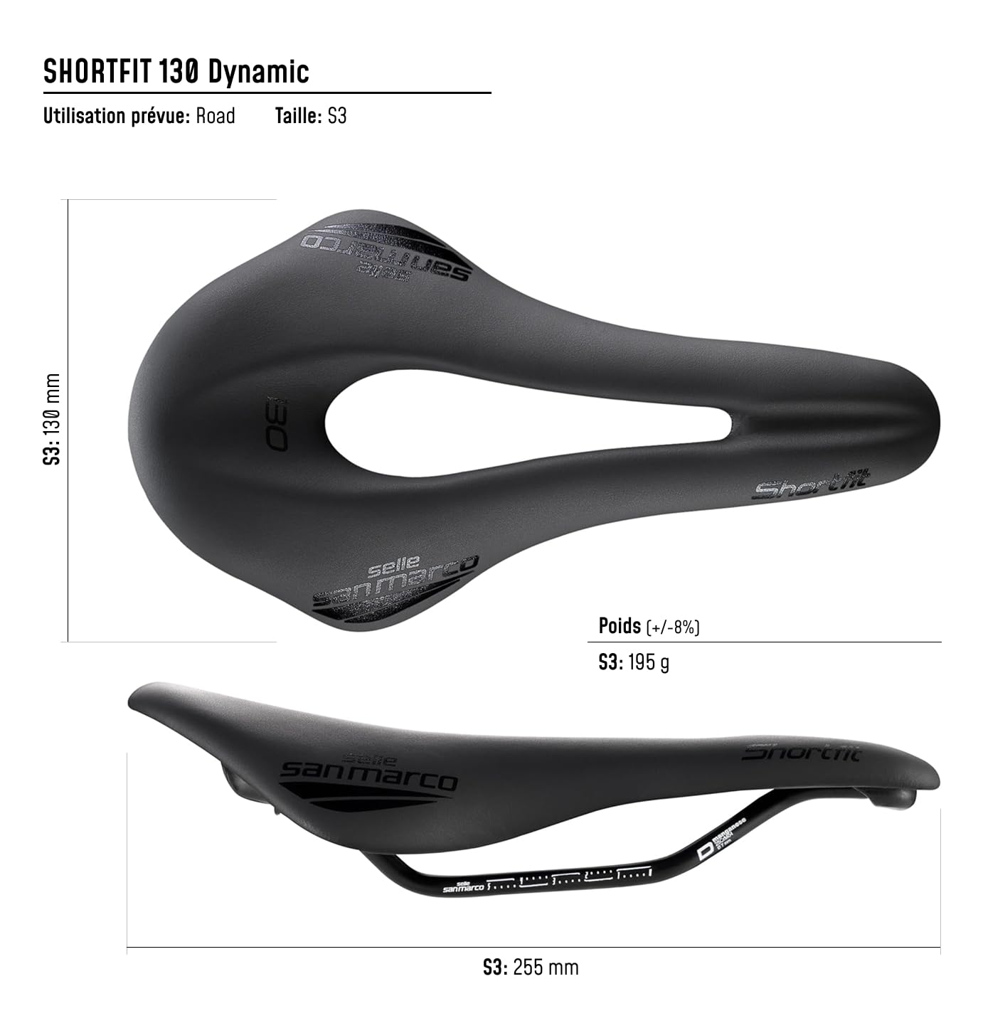 Selle San Marco SHORTFIT 130 – Selle Vélo Route Courte et Ergonomique avec Trou Central – Taille S3, Noir