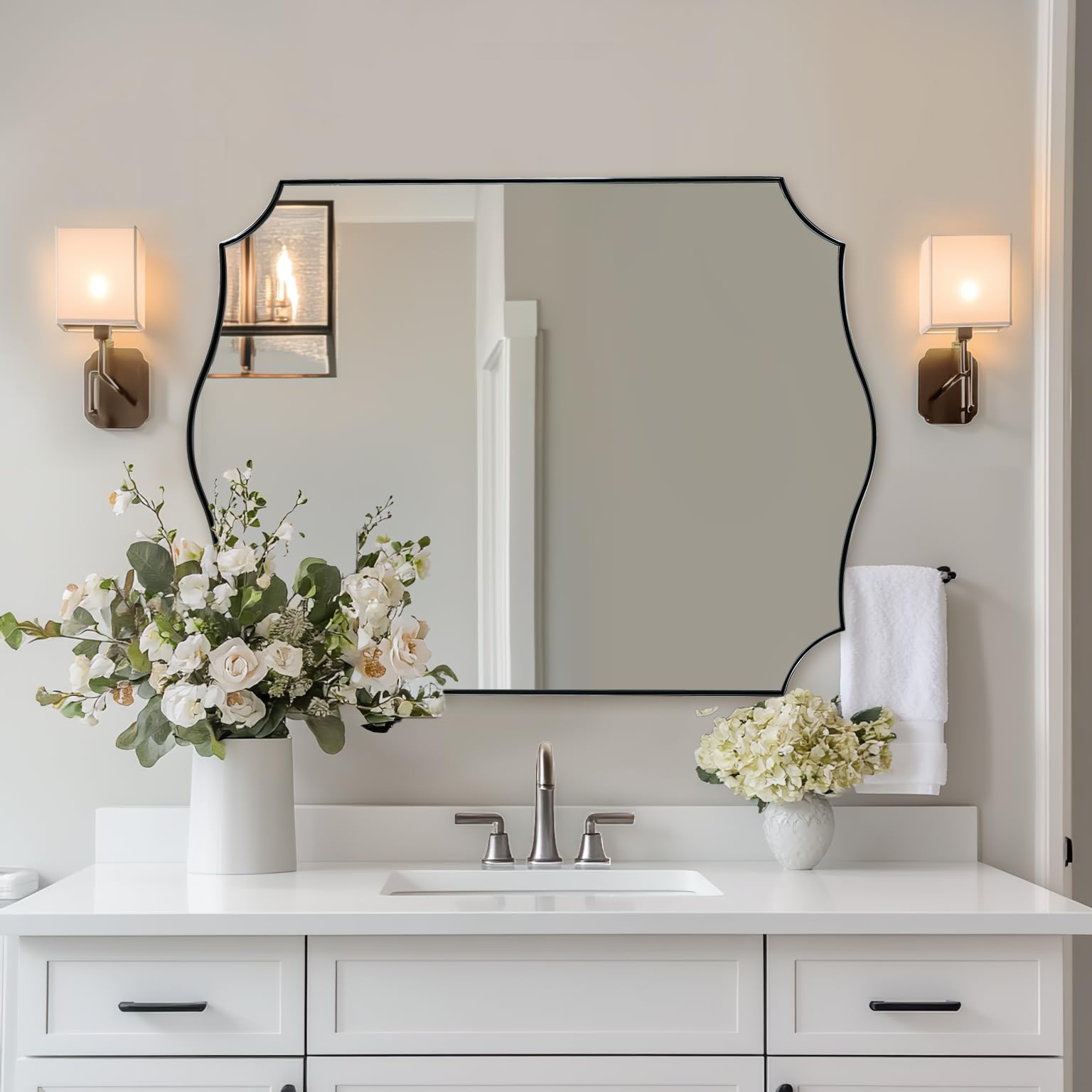 ANDY STAR Large Brushed Nickel Mirror, 30x40 Inch Scalloped Bathroom Mirror, Modern Rectangle Mirror with Unique Wavy Design, Ideal for Home Decor,