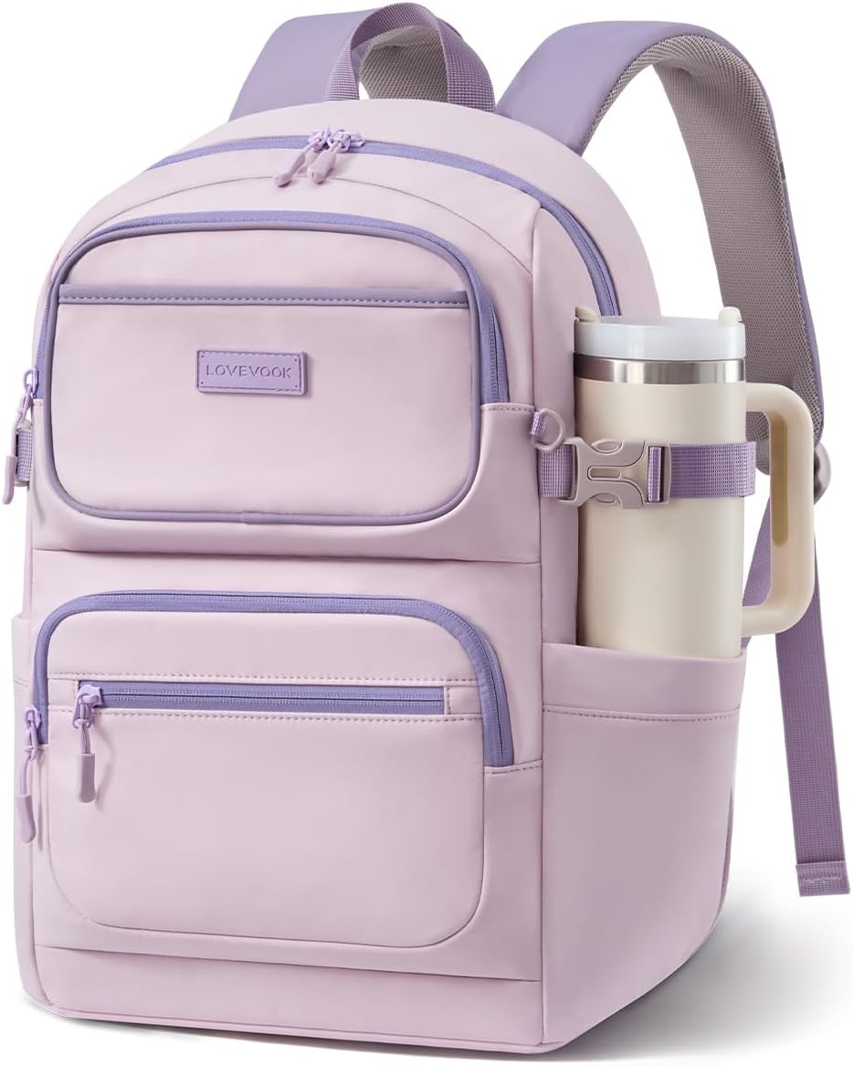 LOVEVOOK School Backpack for Teen Girls & College Students, Large Capacity Laptop Backpack with Water Bottle Holder, Lightweight Bookbag for School, Travel & Everyday Use, Beige-Khaki