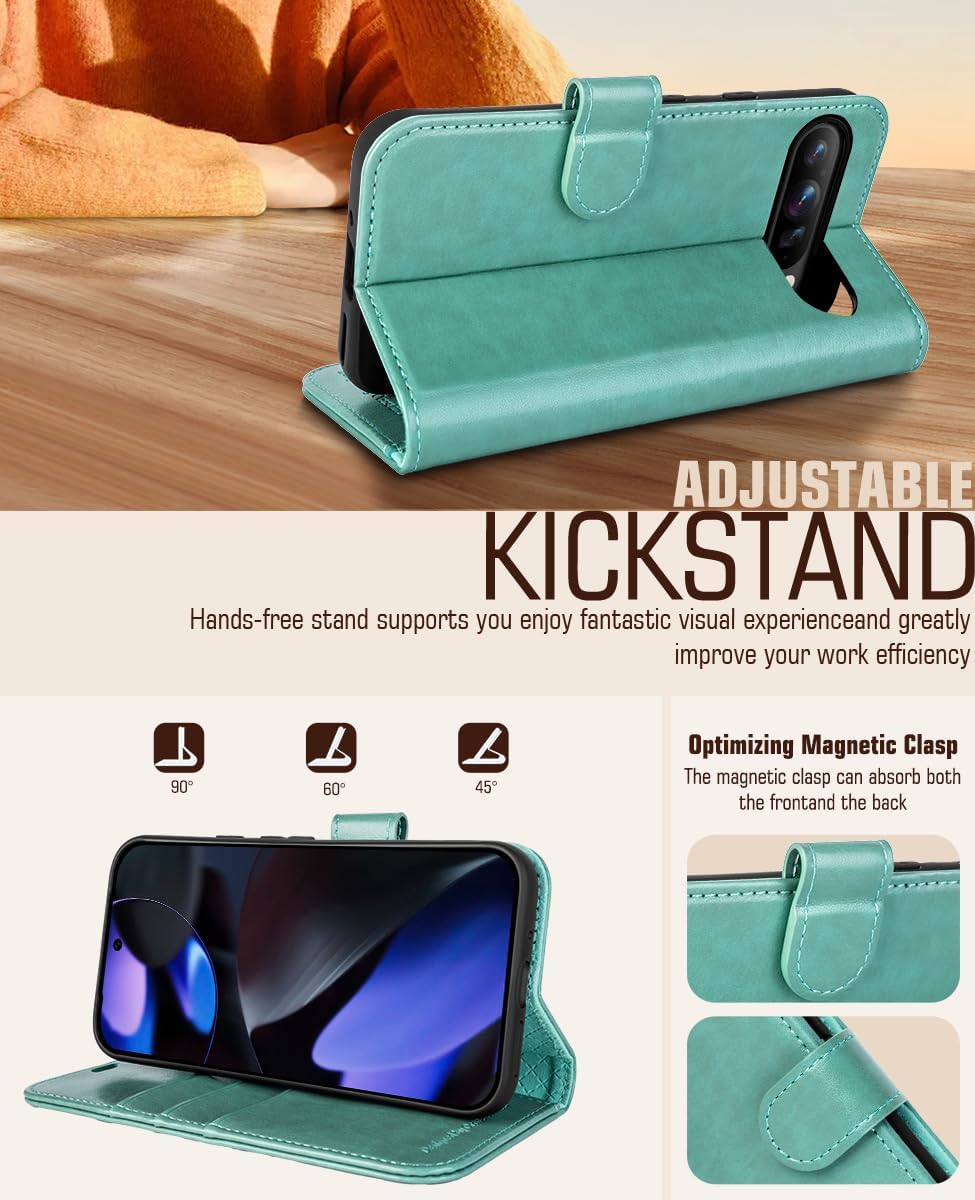 OCASE Compatible with Google Pixel 9 and Google Pixel 9 Pro Wallet Case, PU Leather Flip Folio Case with Card Holders RFID Blocking Kickstand [Shockproof TPU Inner Shell] Phone Cover 2024, Green