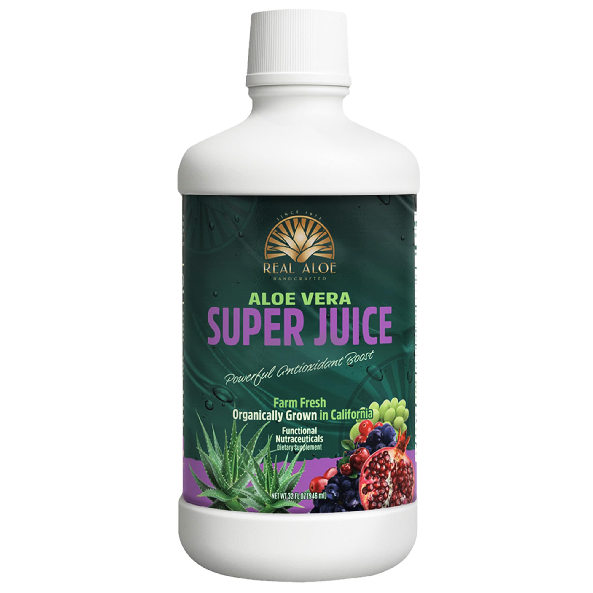 Real Aloe Aloe Vera Super Juice (32 fl oz) | Certified Organic California-Grown Aloe | Inner Leaf Gel with Pomegranate & Cranberry | Antioxidant & Hydration Support | Dietary Supplement | Made in USA