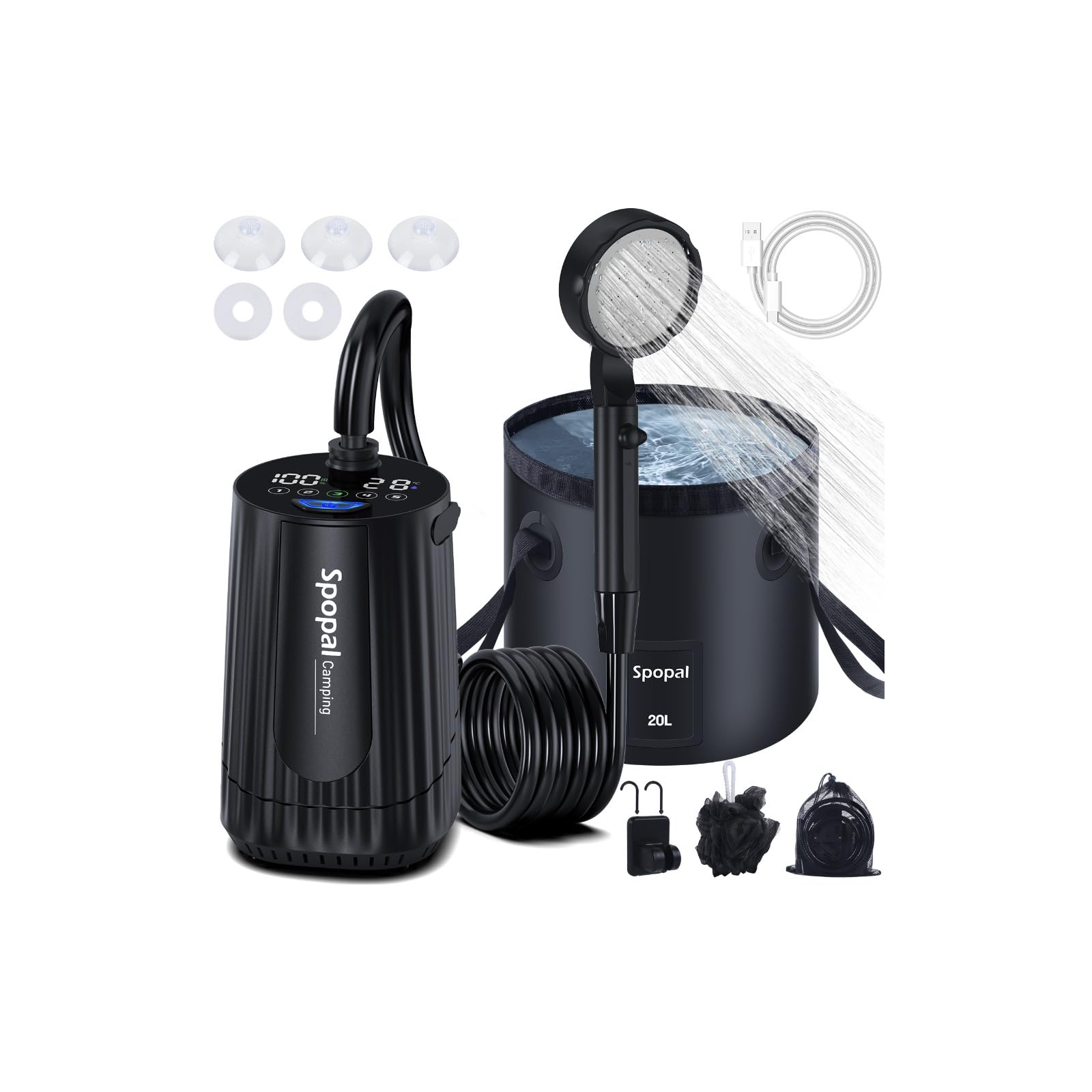 Spopal Camping Dusche, [10000mAh] Campingdusche Tragbare mit 20L Klappbarer Eimer, Camping Dusche Akku, Camping Dusche Outdoor Set mit Duschkopf und 2m Schlauch für Garten, Strand, Autowaschen, Hausti