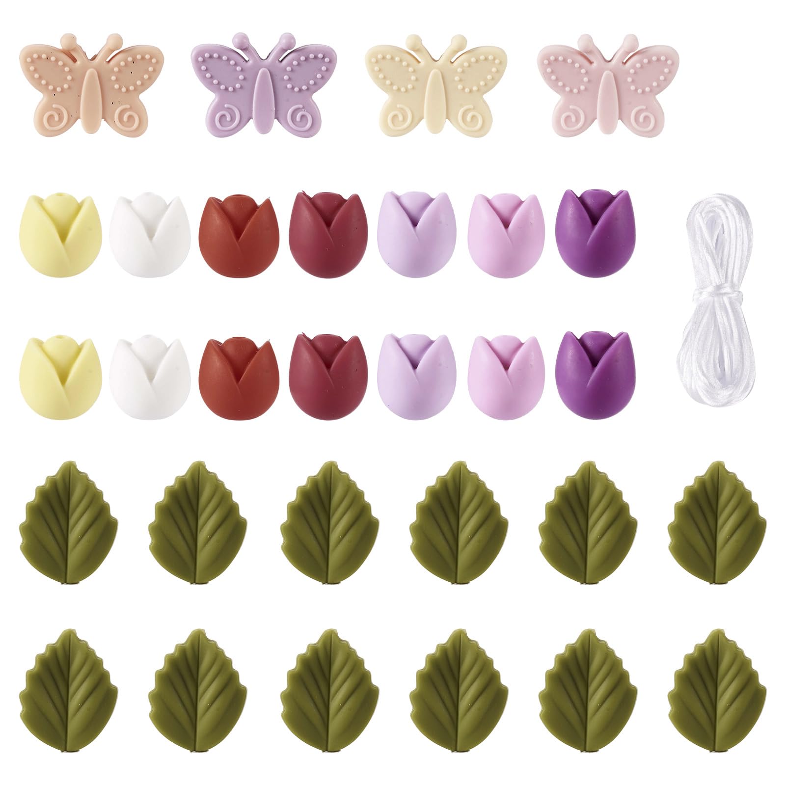 FASHEWELRY 32Pcs Butterfly Flower Silicone Focal Beads for Pens, Spring Tulip Cute Silicone Beads Characters Rubber Bead with Nylon Thread for