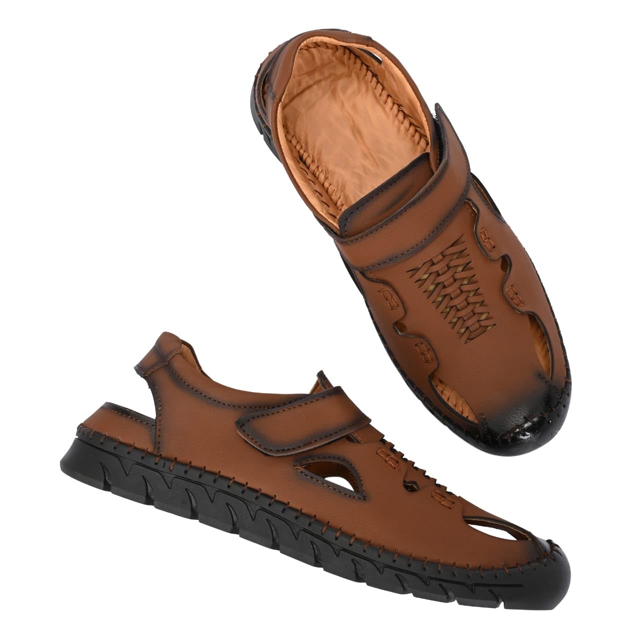 Men's Closed-Toe Leather Sandals, Hook and Loop Strap, Breathable Comfort Walking Shoes, Roman Sandals-image-21