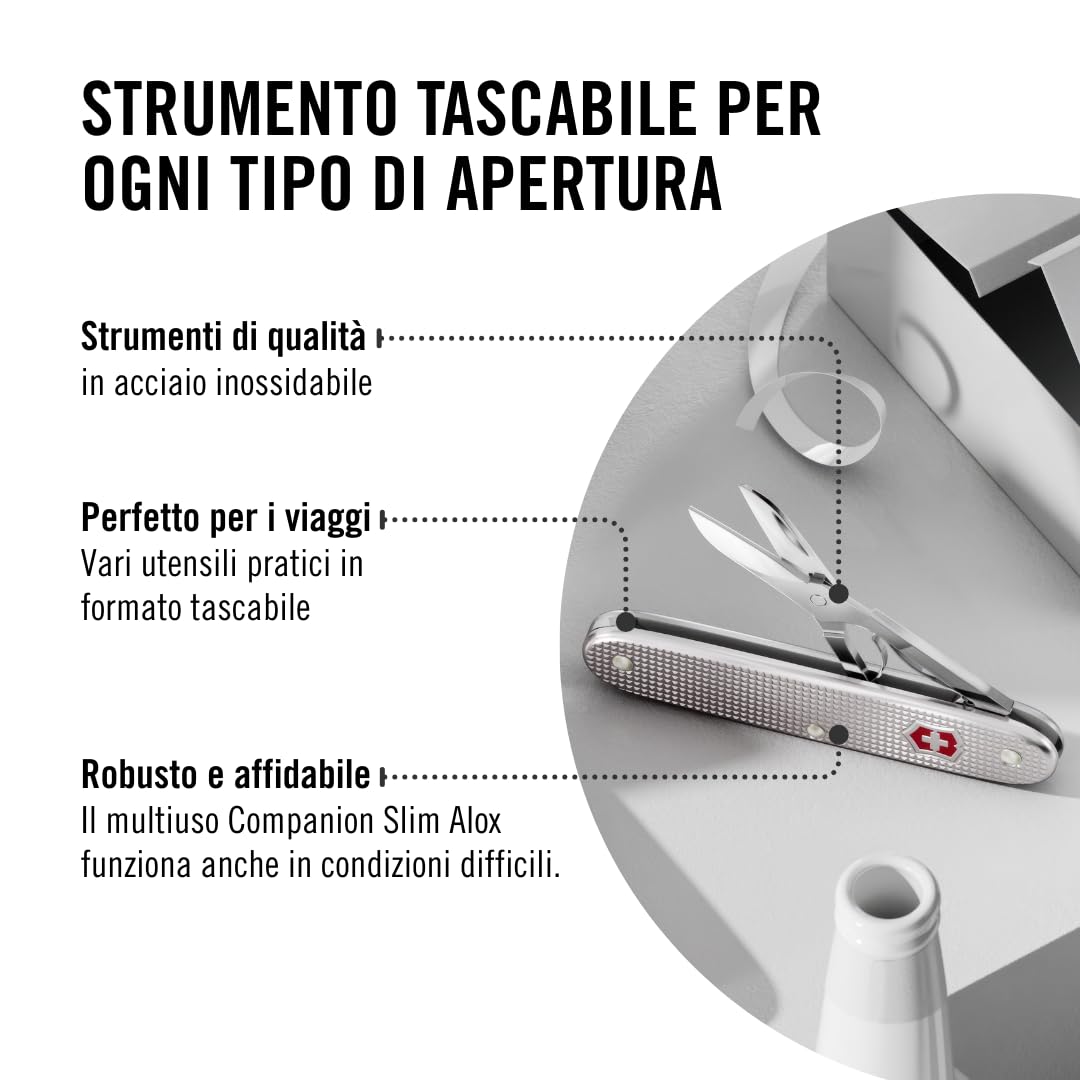 Victorinox Companion Slim Alox, Multiuso, Tascabile, 6 Funzioni, incl. Forbici, Strumento per apertura pacchi, Cacciavite, Swiss Made, Argento