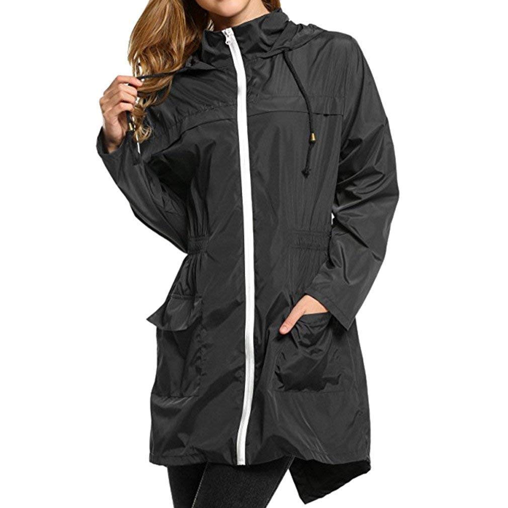 Huixin Lekki damski płaszcz podróżny, wodoszczelny płaszcz damski, moda damska, długi z kapturem, na wędrówki, płaszcz przeciwdeszczowy, kurtka outwear, czarny, XL
