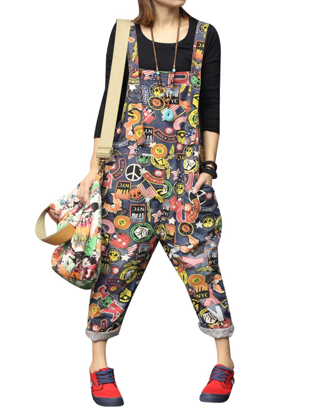 Bigassets Women's Style 3 Printed Jeans Dungarees Sleeveless Playsuit Denim Overall Jumpsuit