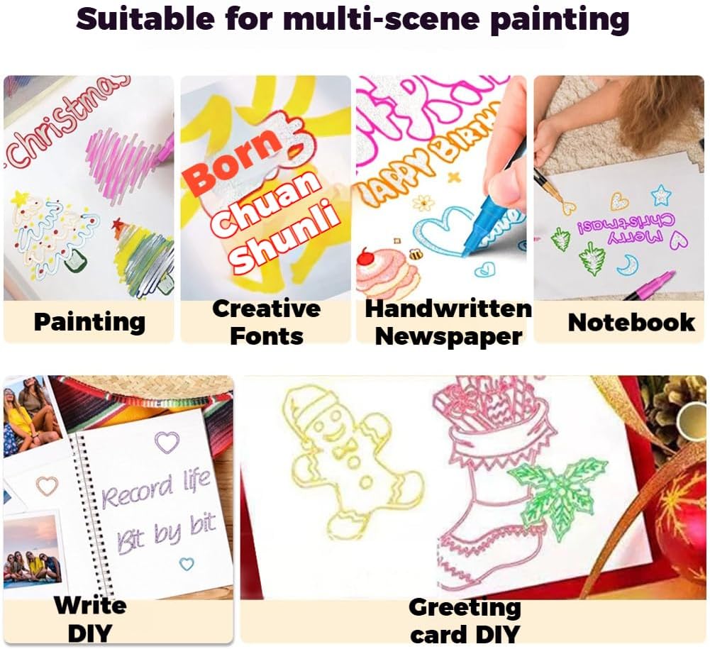 12/24/36/48 Colors Dreamy Sparkle Dual-Line Contour Pen, Quick-drying Self Outlining Glitter Markers, Double Line Outline Marker for Glass, Birthday Greeting Card, Doodling, DIY Art Crafts (48 Colors)