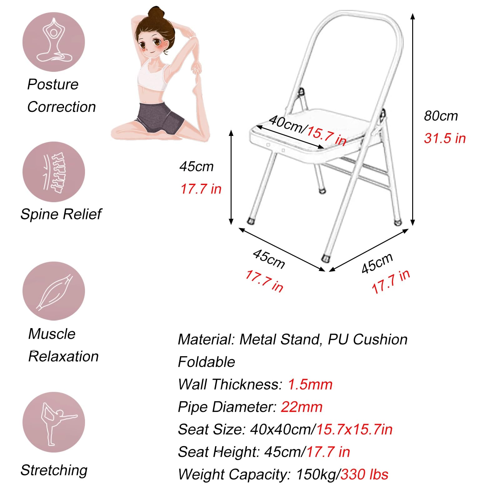 MZZKFC Backless Yoga Auxiliary Chair Foldable, Double Beam Yoga Chair with PU Cushion, Balance Handstand Training Tool for Waist/Leg Exercise & Hip Movement(Yellow)