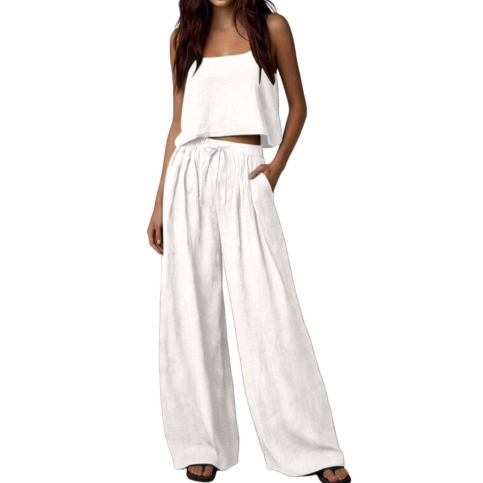 Combinaison 2 pièces en lin respirant pour femme - Fluide - 2 pièces - Léger - Sans manches - Haut et pantalon - Coton et lin - Combinaison de loisirs d'été décontractée