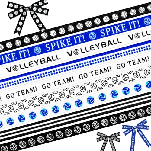 9 Rolls 36 Yards Volleyball Grosgrain Ribbon Blue White Black Sports Themed Ribbons with Spike It Go Team Pattern for Gift Wrapping Hair Bows Crafts Volleyball Team Party Supplies Sewing (Volleyball)
