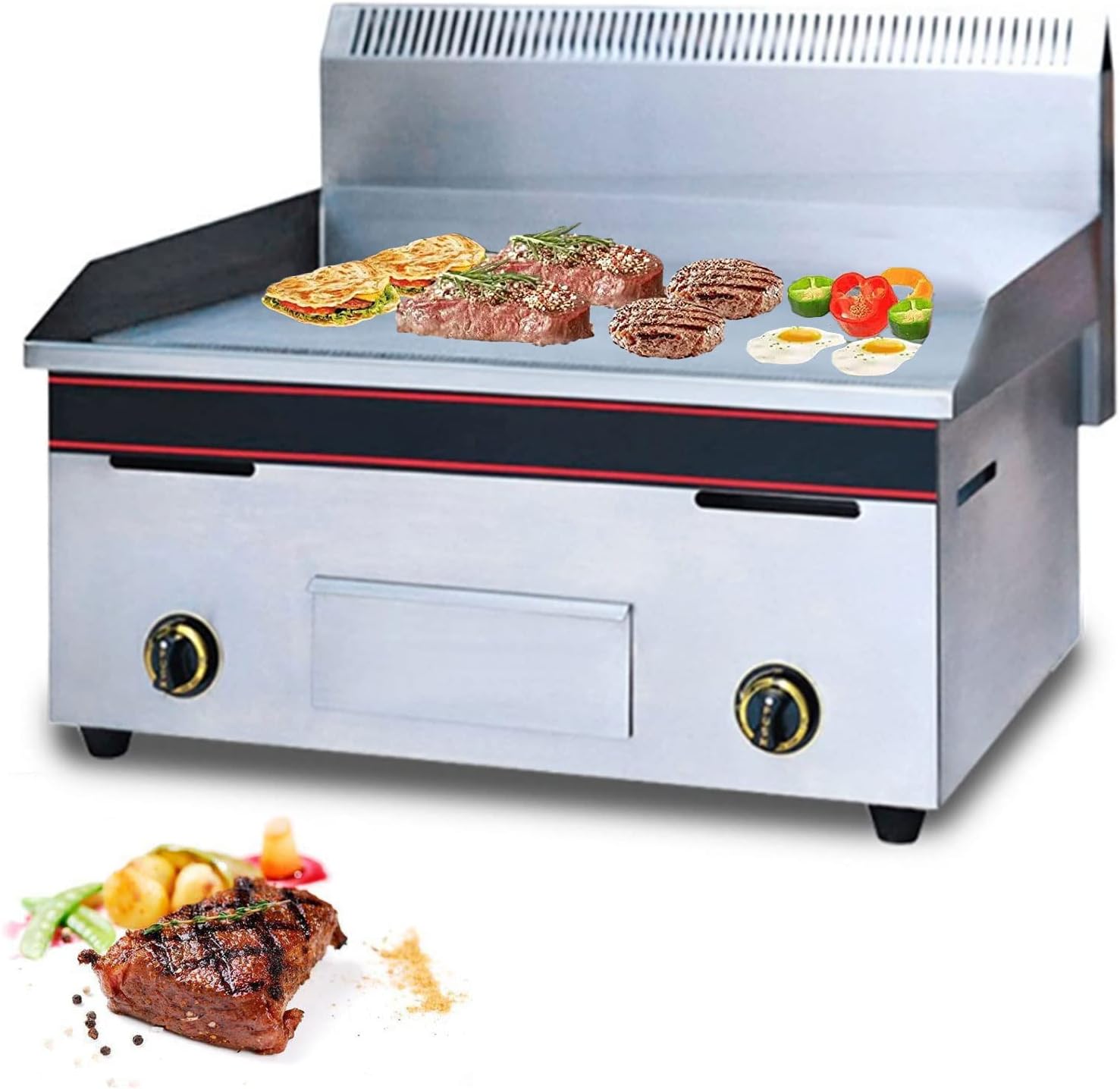 Propane Gas Plancha BBQ Grill Portable Griddle Outdoor Garden Enameled Cast Iron Baking Plate 2 Burner, Adjustable Temperature, Indoor or Outdoor Cooking, Restaurant Kitchen Camping,718