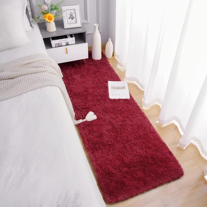 Image of Upgrade Rugs for Bedroom Indoor Floor Carpets Anti Skid Handwoven Solid Plain Shaggy Rugs High Pile, Floor Carpets for Home Size 2x5 Feet Runner Color Red