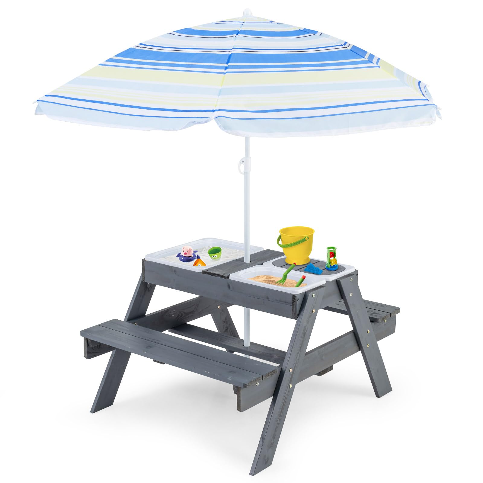 HONEY JOY Kids Picnic Table, 4 in 1 Cedar Wooden Sand & Water Table w/ 3 Removable Box & Umbrella, Kids Picnic Tables for Outdoors Backyard Garden, Toddler Patio Furniture Set for Boys Girls(Gray)