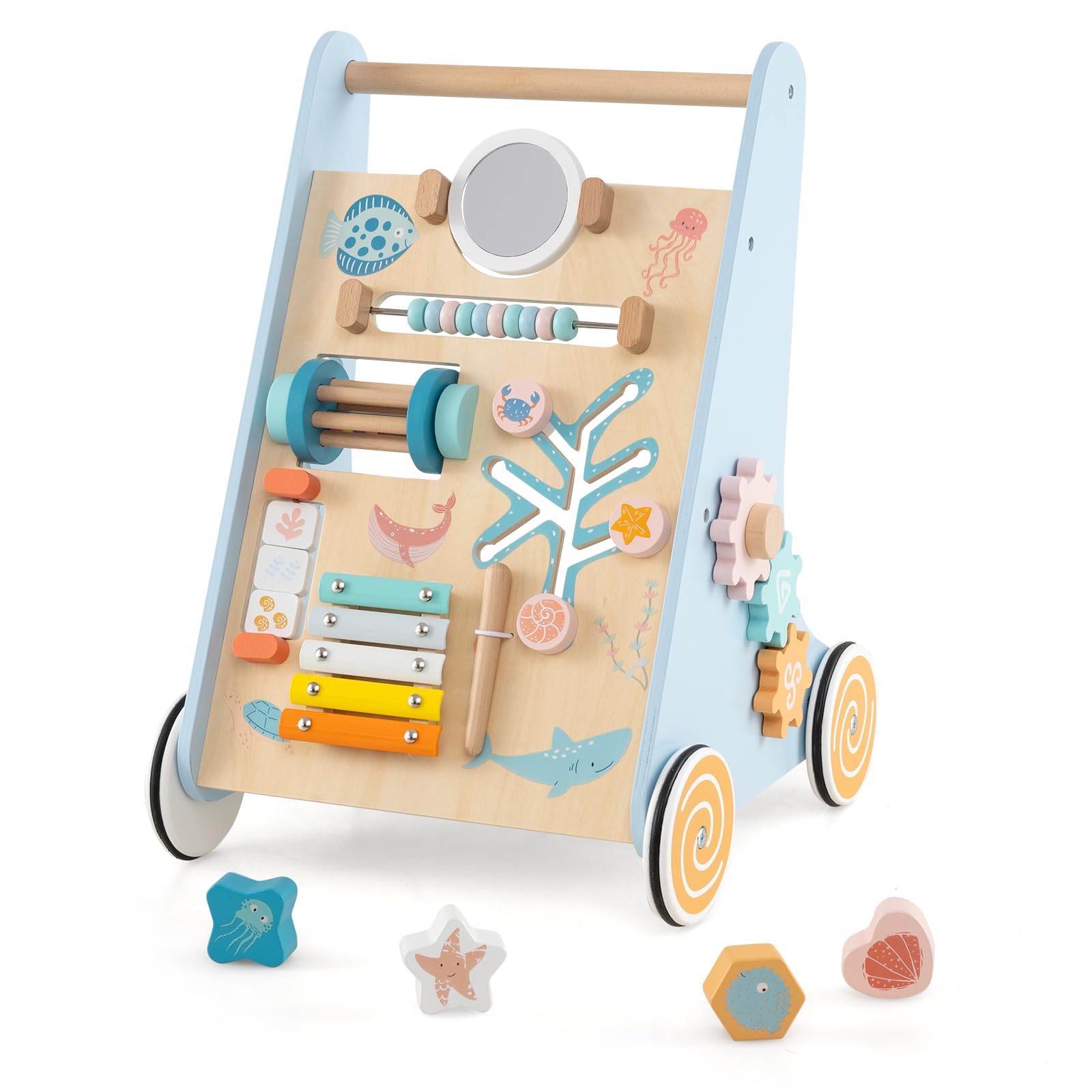 GOPLUS Carrito para Niños de Madera, Carrito para Primeros Pasos Montessori, Centro de Actividades Multifuncional para Niños, 4 Ruedas Resistentes, Amplio Espacio de Almacenaje, Estructura Triangular