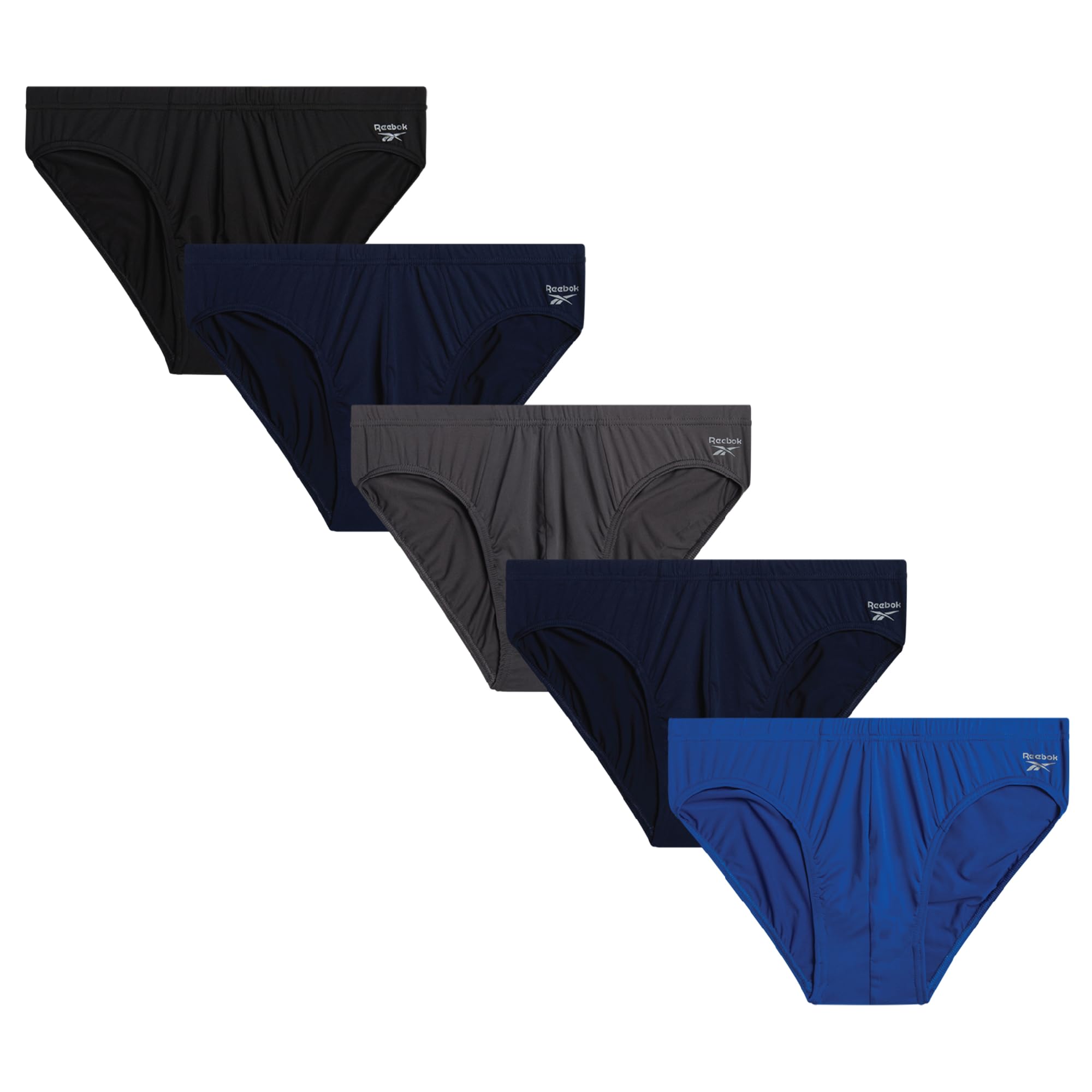 Reebok Mens Low Rise Briefs - 5 Pack Athletic Performance Mens Underwear Briefs with Contour Support Pouch for Gym Daily Wear, Maritime Blue/Web Blue/Black/Blackened Pearl/Blue, S