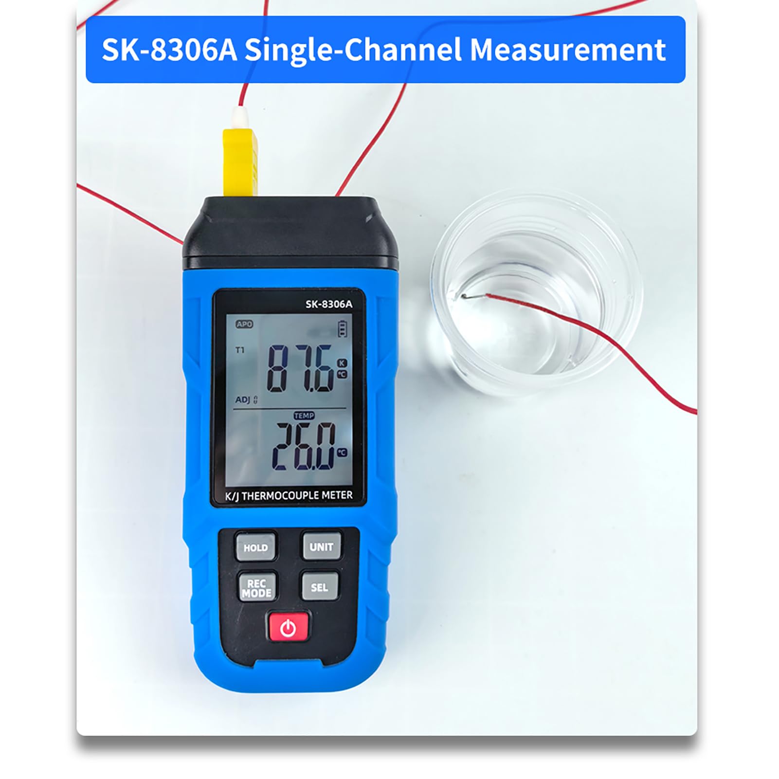 Karlak Termómetro Termopar Digital Medidor de Temperatura Medidor de Temperatura Doble Canal Tipo K J Alta 5999 Almacenamiento Datos Batería Recargable U (SK-8306A Monocanal)