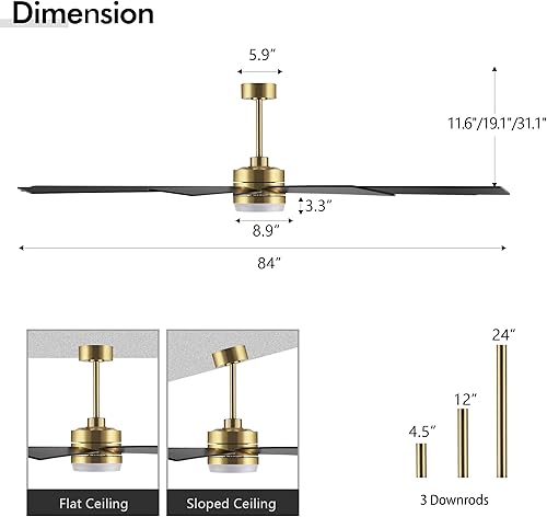 Miniatura 2 de Ventilador de techo con motor CC de 84 pulgadas con luz, control remoto de 6 velocidades, motor reversible, moderno ventilador de techo de 9 aspas